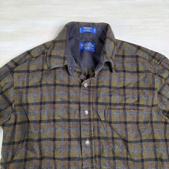 Pendleton Lodge Shirt Fitted Virgin Wool Button Flannel Brown Plaid Sz Medium - Picture 7 of 8